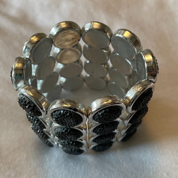 Black Cut Crystal & Silver Tone Dressy Wide Bracelet - Picture 4 of 5